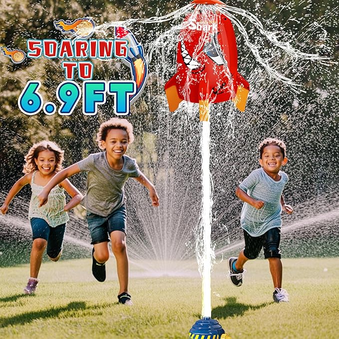 Water Rocket Sprinkler for Kids, Outdoor Sprinkler Rocket Launcher Toy for Backyard, Summer Water Toys for Kids Ages 3-12, Fun Water Powered Rocket Toy (Red-4)