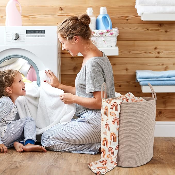 Cotton Rope Laundry Basket Hamper for Clothes Woven Storage Basket for Living Room Bedroom Boho Tall Rope Baskets for Blanket Toys Pillow Towels Baby Nursery Hamper Bin Konjac