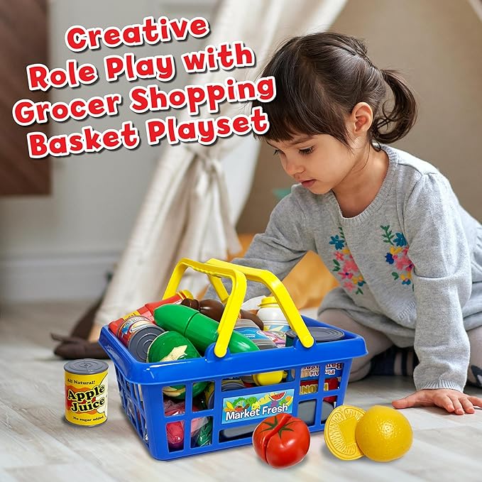Small World Toys Kids Grocery Basket Play Food Set, Pretend Food Kids Shopping Basket Toddler Playset, 32 Pcs Grocery Food Play Kitchen Accessories, Educational Toddler Toys for Girls & Boys