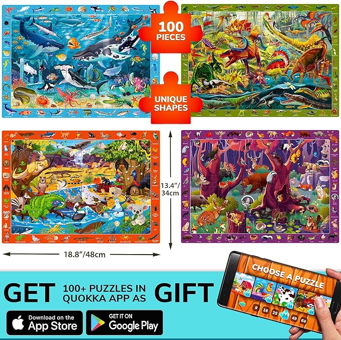 QUOKKA 100 Piece Puzzles for Kids Ages 4-6-4 Jigsaw Puzzles for Kids Ages - Search and Find Game with Animals, Dinosaurs for Childrens 5-8-Learning Educational Toys for Boys and Girls Improved Version