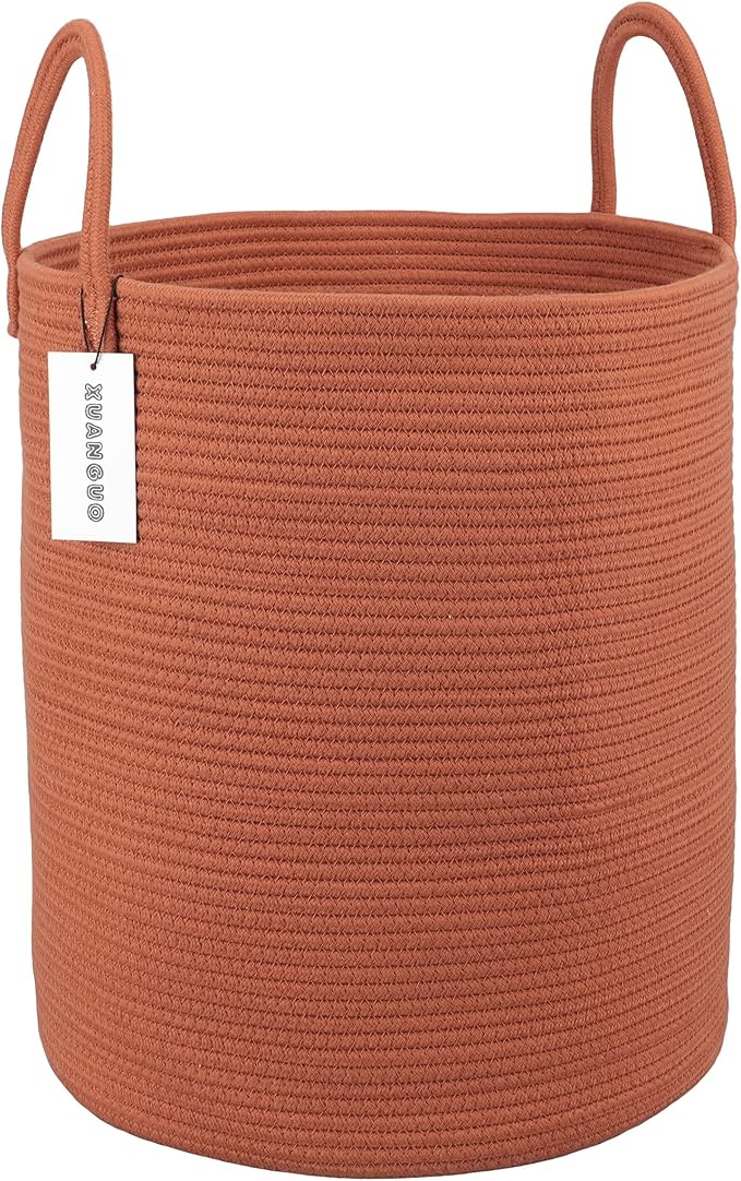 Cotton Rope Laundry Basket Hamper for Clothes Woven Storage Basket for Living Room Bedroom Boho Tall Rope Baskets for Blanket Toys Pillow Towels Baby Nursery Hamper Bin Large rust red