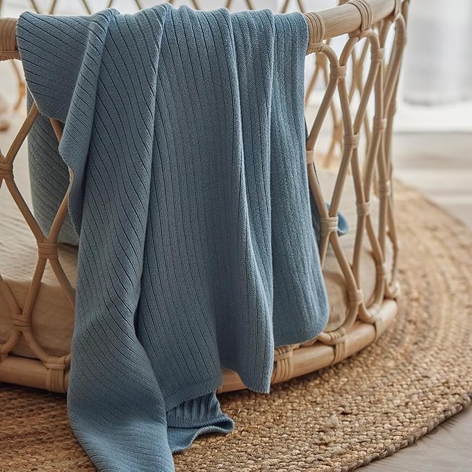 Knitted Organic Cotton Baby Blanket- Swaddle Blanket, 30" x 40" Soft Receiving Blanket for Newborn (Ribbed - Polar Blue)