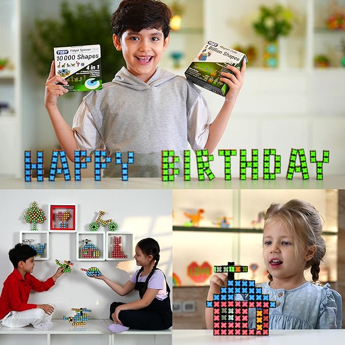 TOSY Magnet Fidget Spinner Mini - 8 Blocks, 3 in 1 Toy: Transformable Fidget Spinner, Infinity Cube, 2x2 Puzzle Cube, Stress Relief, STEM Magnet Tiles Birthday Gift for Kids/Boys/Girls/Adults, 4-Pack