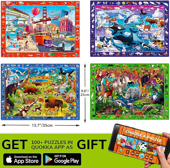 QUOKKA Puzzles for Kids Ages 4-6 - 4 x 60 Puzzles for Toddlers 5-8 - Educational Search & Find Toy for 8-10 yo for Learning Forest Polar, USA National Park Animals & City Life