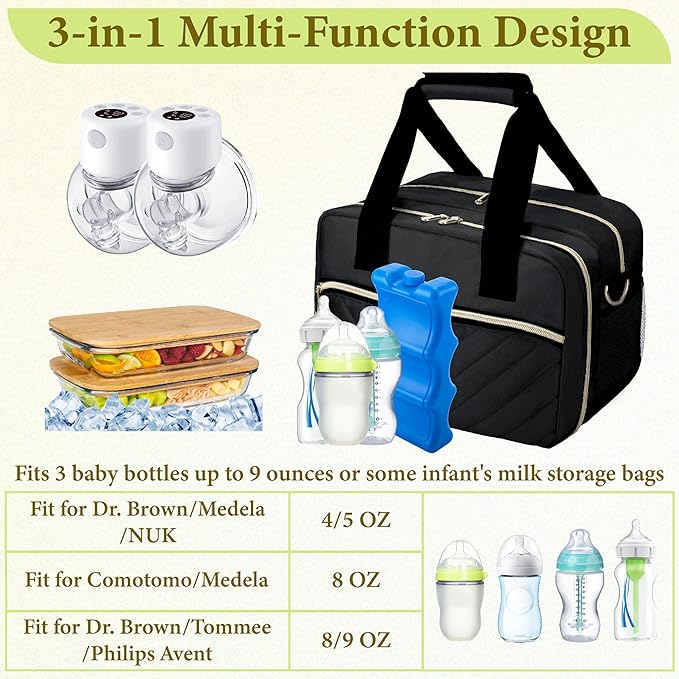 Breastmilk Cooler Bag with Ice Pack, Wearable Breast Pump Storage Bag, Insulated Bottle Travel Bag Compatible with Momcozy/Elvie/Willow, Fits Baby Bottles up to 9 Ounce with Shoulder Strap Black Mini