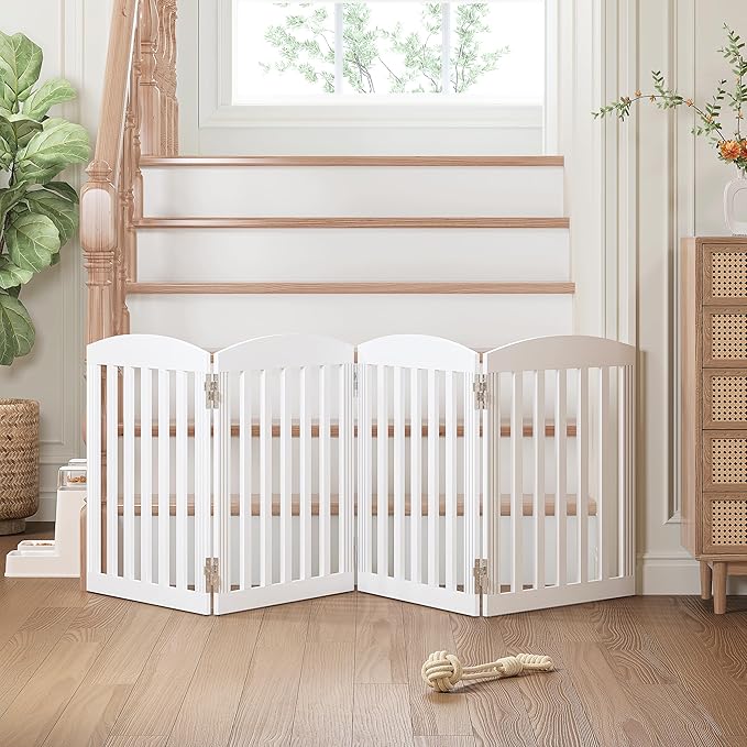 SPIRICH 96" Extra Wide 28" Tall Wooden Freestanding Foldable Dog Gate, Pet Gate Indoor, 4 Panels, White