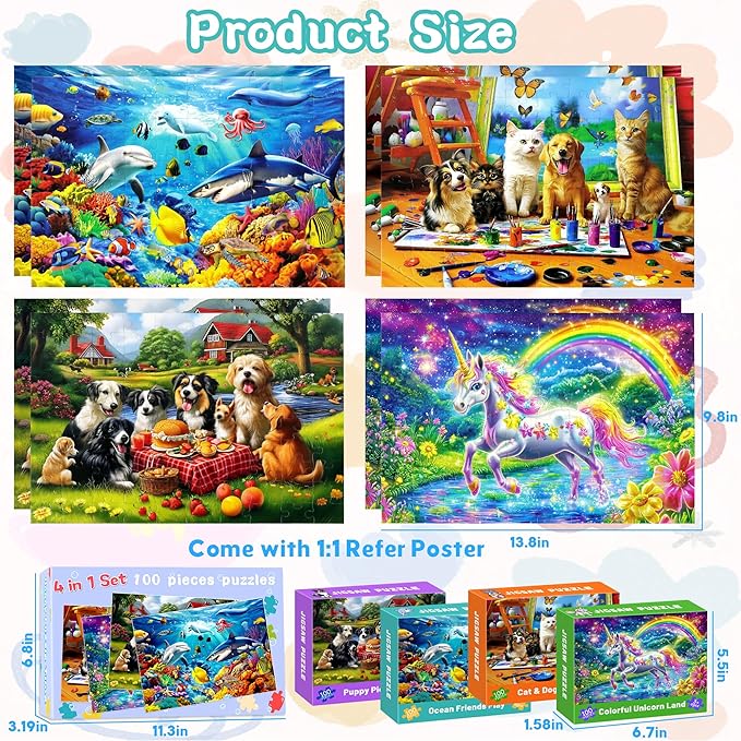 100 Piece Puzzles for Kids Ages 4-6, 4 in 1 Jigsaw Puzzles for Kids Ages 6-8, Sea World Cats Dogs Unicorn Learning Educational Children Puzzles 5-8 for Boys and Girls