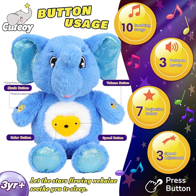 Cuteoy Plush Blue Elephant Star Projector Musical Adjustable Singing Night Light Stuffed Animals Glowing Plushies Toy Gifts for Kids Birthday Easter Christmas,13''