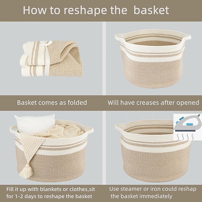 Large Cotton Rope Basket Blankets Basket Living Room 22"x14" Toy Baskets for Kids Rope Storage Basket for Nursery Woven Laundry Baskets for Clothes Towels Baby Toy Storage round white brown
