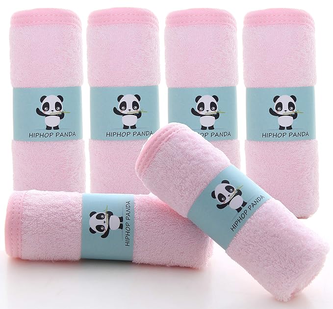 HIPHOP PANDA Baby Washcloths, Rayon Made from Bamboo - 2 Layer Ultra Soft Absorbent Newborn Bath Face Towel - Reusable Baby Wipes for Delicate Skin - Pink, 6 Pack