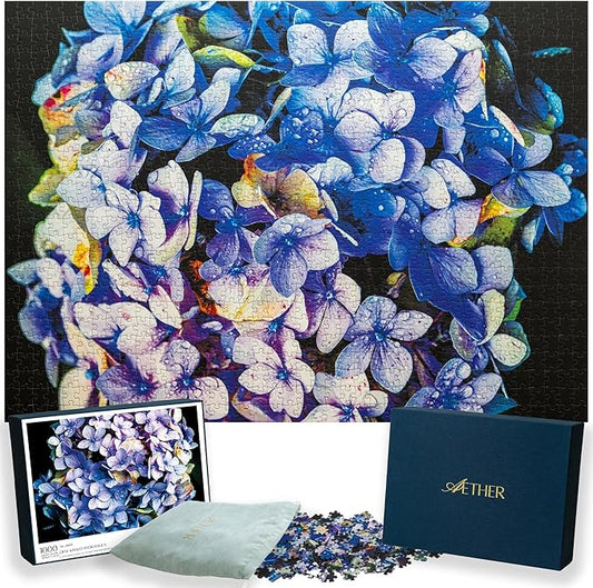 Dew Kissed Hydrangea Puzzle, Premium 1000 Piece Jigsaw Puzzle for Adults, Glare-Free, Soft-Touch Puzzles, Made in USA, 26.6" x 19.25"