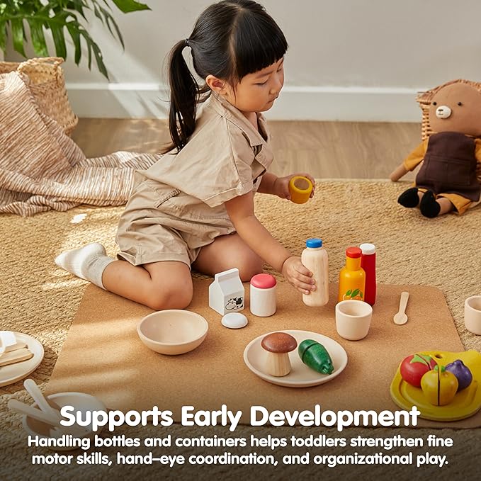 PlanToys® Wooden Food & Beverage Pretend Play Set | Montessori Kitchen Toys for Toddlers & Kids | Eco-Friendly Wooden Role Play Food | Includes Milk Carton, Juice, Water, Ketchup, Jam & Honey