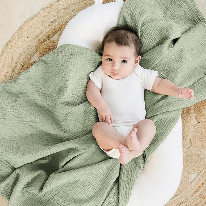 Konssy Muslin Swaddle Blankets for Girls Boys 2 Pack, 100% Cotton Receiving Baby Blanket Large 47 x 47 inches, Soft Breathable Swaddling Wrap for Unisex Newborn (Woodland,Sage)