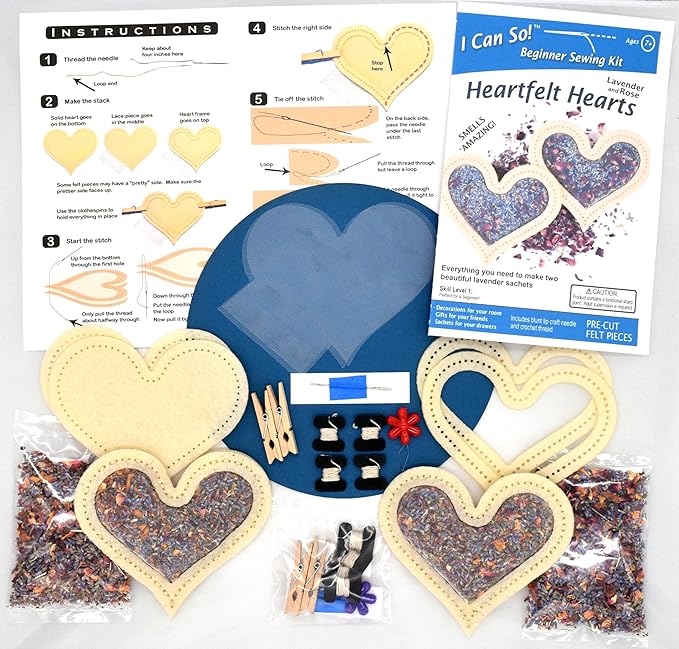 I Can So! Beginner Sewing Kit. Heartfelt Hearts. Lavender Sachet. (Lavender and Rose)