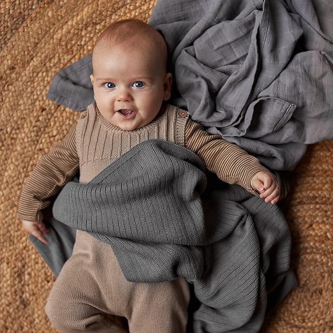 Knitted Organic Cotton Baby Blanket- Swaddle Blanket, 30" x 40" Soft Receiving Blanket for Newborn (Ribbed-Cloud Grey)