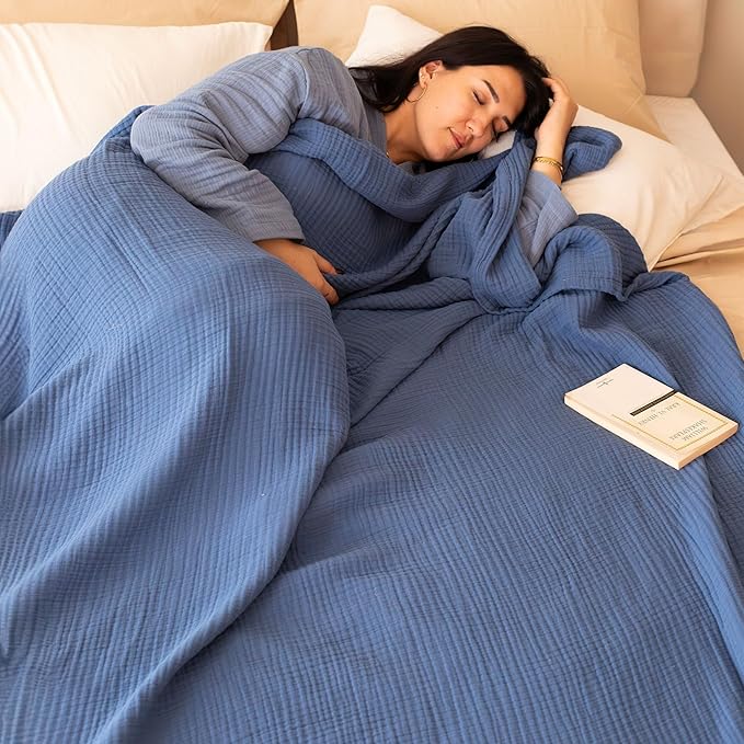 100% Turkish Cotton Muslin Blanket Queen Size 91"x95", 4-Layer Gauze Muslim Soft Light Breathable Blankets for Summer (Indigo, Queen Size: 91" x 95")
