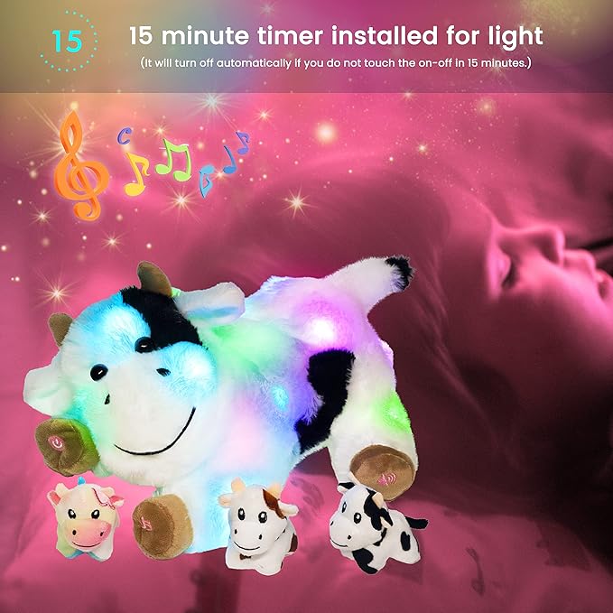 Hopearl LED Musical Stuffed Cow Lighting Up Singing Plush Toy Playset Mommy Cow with 3 Baby Dairy Cows in her Tummy Adjustable Volume Lullaby Animated Soothe for Mom Kids, 15''