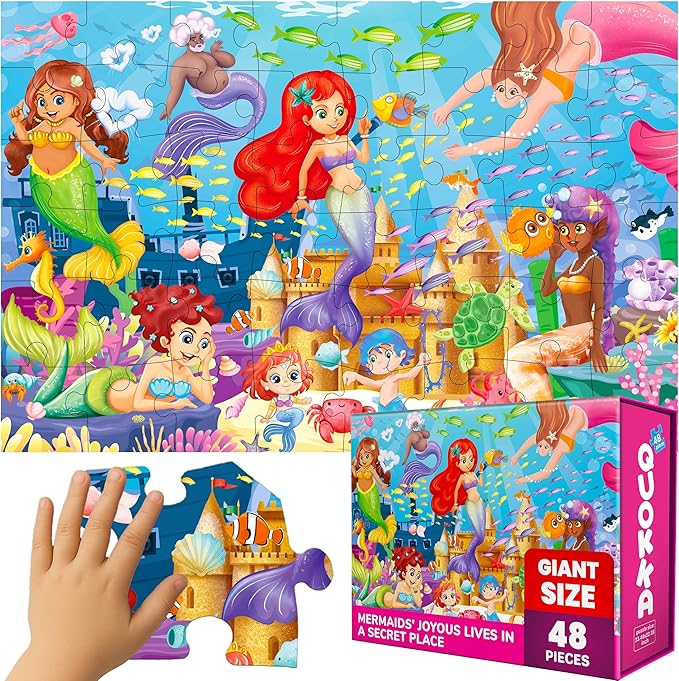QUOKKA Giant Floor Puzzles for Kids Ages 4-6 - 2x3 Feet Extra-Thick 48 Pieces Toddler Puzzle Ages 3-5 – Mermaid Educational Activity for Boys Girls – Premium Box with Sturdy Handle & Magnetic Closure