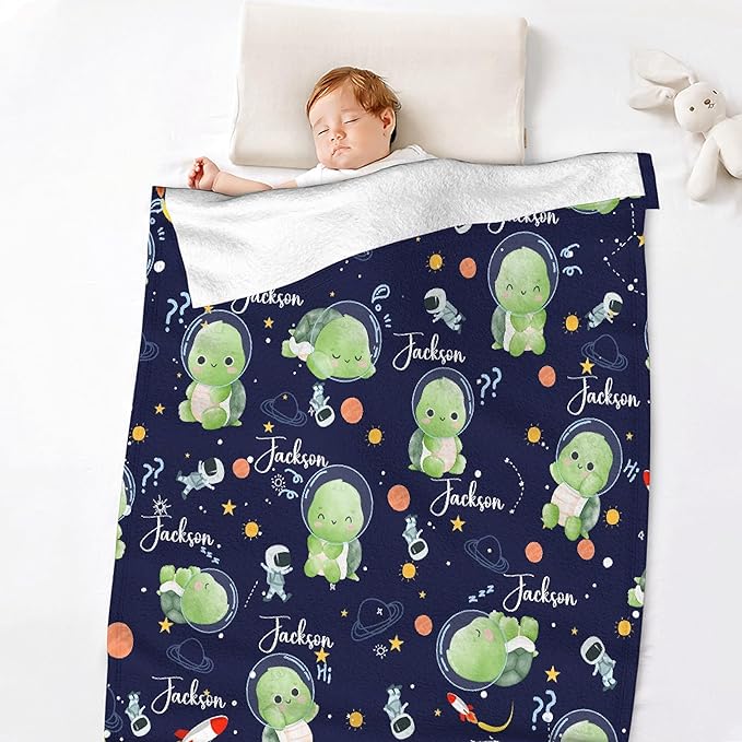 Personalized Custom Baby Blanket with Name - Astronaut Turtle Swaddle Blanket for Toddlers, Infants, Kids, Newborns - Nursery Stroller Crib Decor Throw - Birthday Gift