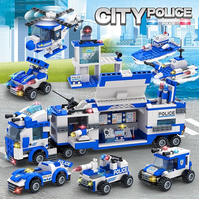1338 Pieces City Police Car Building Sets, Police Station Truck Toy Blocks Set with Prison Helicopter Cop Car Boat for Boys and Kids Aged 6-12