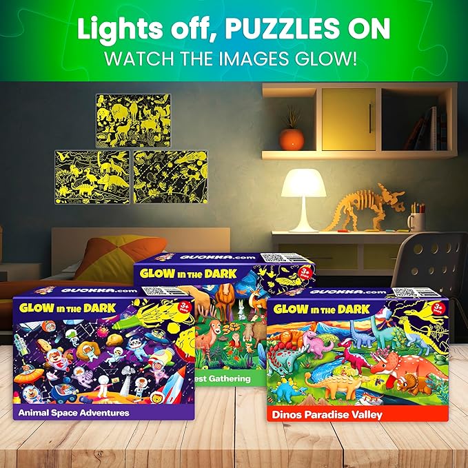 QUOKKA 4x100 Piece Puzzles for Kids Ages 6-8 – Glow-in-The-Dark Puzzles for Kids 8-10 – Space, Dinosaurs, Animals – Fun Educational Puzzle for Boys & Girls – Learning Games & Space Toys Gift for Kid