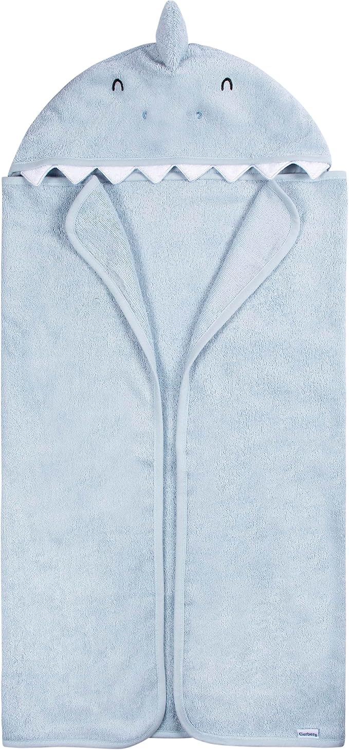 Gerber Baby 4 Piece Animal Character Hooded Towel and Washcloth Set, Blue Shark, One Size