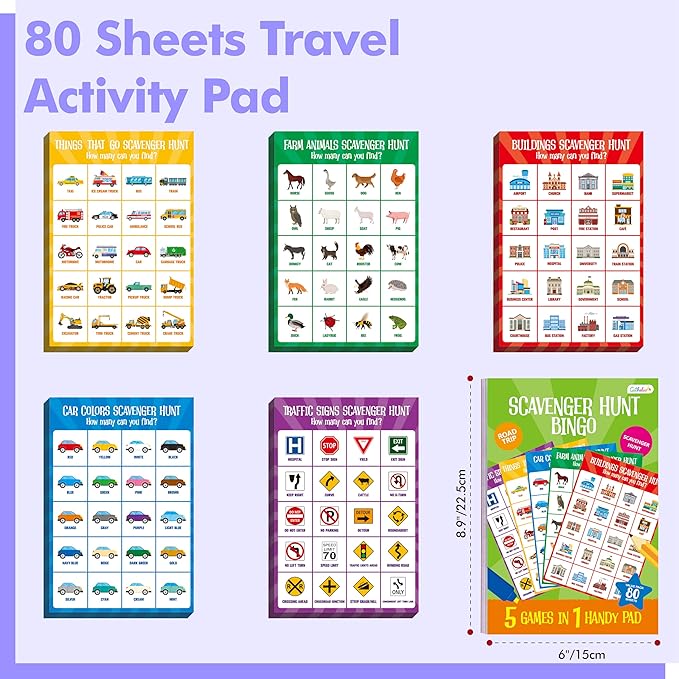 Road Trip Game Pad, 5 Games in 1 (Farm Animals, Car Colors, Buildings, Traffic Signs, Vehicles Scavenger Hunt Bingo), Pen Pencil Paper Game, Plane Trip/Car Travel/Getaway Activity Pad for Kid, Adult
