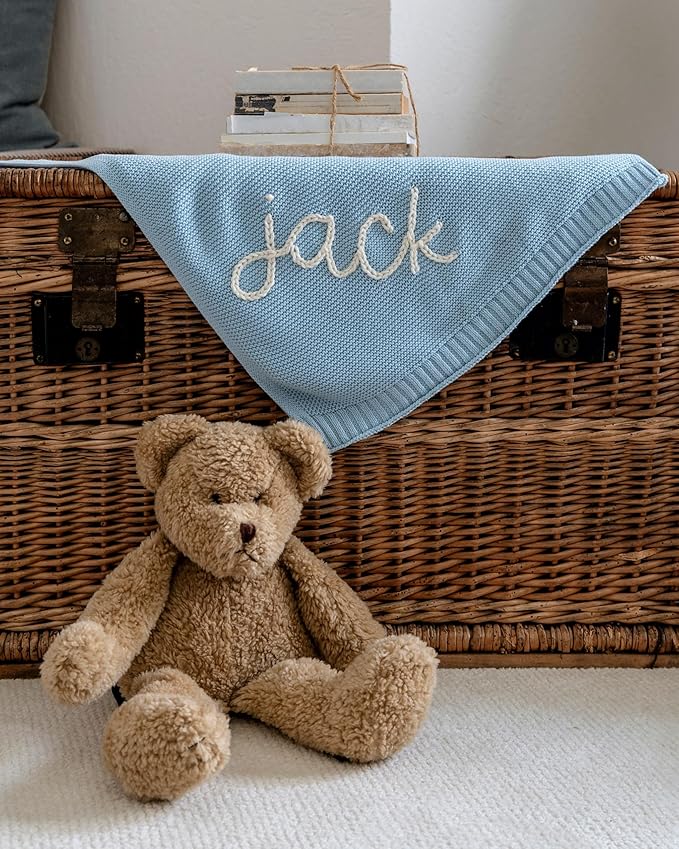 NAZENTI Personalized Embroidered Knit Baby Blanket, Custom Baby Blanket with Hand Embroidered Name, Newborn Gifts, Cotton Knit Blanket, Birthday Gift for Baby Boy Baby Girl #06