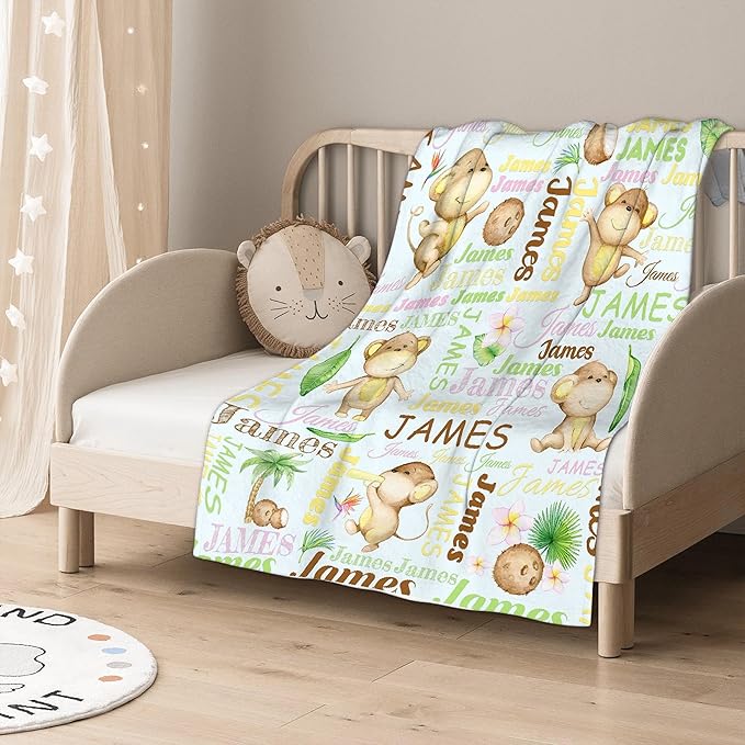 Personalized Baby Blanket for Girls Boys Monkey Custom Baby Blanket with Name Swaddle Blanket for Toddlers Infants Kids Shower Newborns Nursery Stroller Crib Decor Throw Birthday Gift
