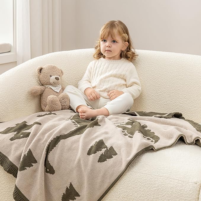 Berkshire Baby Blanket,Ultra-Plush Reversible Chenille Knit Toddler Blanket,Cute Pattern Nursery Crib Blanket,Ideal Baby Gift(30x40 Inches,Dino WalkKalamata)