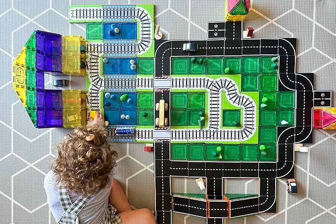 Learn & Grow Magnetic Tiles Train Track Road Toppers Set - 40PCs Road Expansion Pack (Tiles not included), Magnet Car Play Accessories, STEM Building Toy - Construction Toys for Toddlers & Kids Age 3+