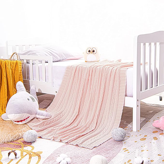 NTBAY 100% Pure Cotton Cable Knit Toddler Blanket, Super Soft Warm Breathable 30x40 Baby Blanket for Crib, Stroller, Nursery, Travel, Newborn, 30x40 Inches, Baby Pink