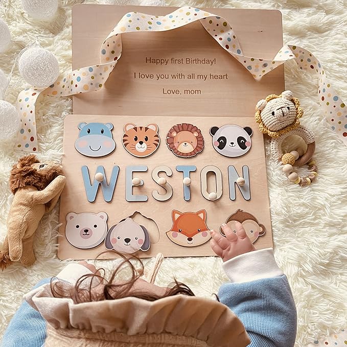 Name Puzzle for Kids Personalized, Wooden Name Puzzles for Toddlers 1-3, Engraved Text Greetings on Back, Custom Baby 1st Birthday Gifts for Girl&Boy, Kids Sensory Toys (Name Puzzle)