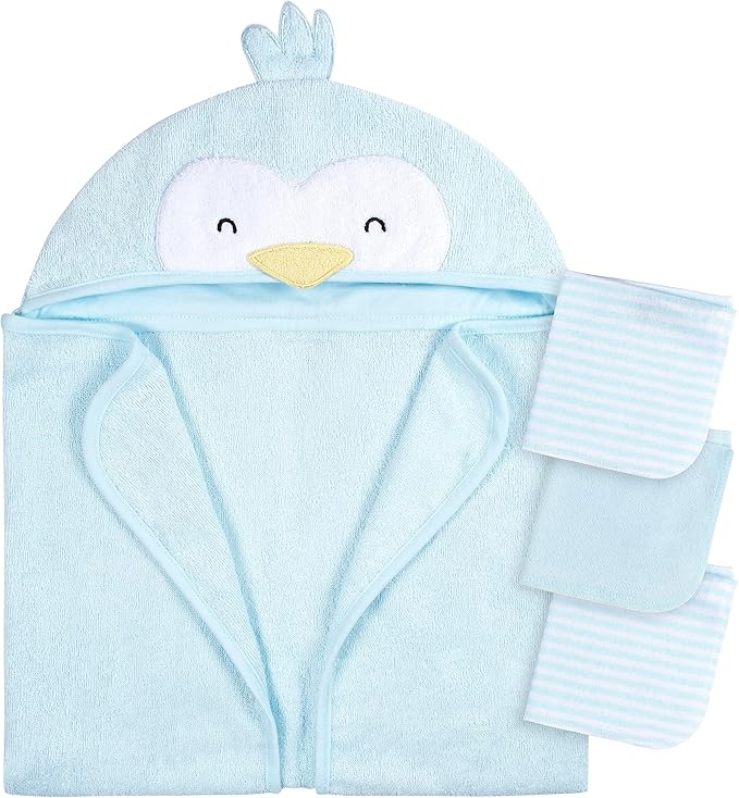 Gerber Baby 4 Piece Animal Character Hooded Towel and Washcloth Set, Blue Penguin, One Size