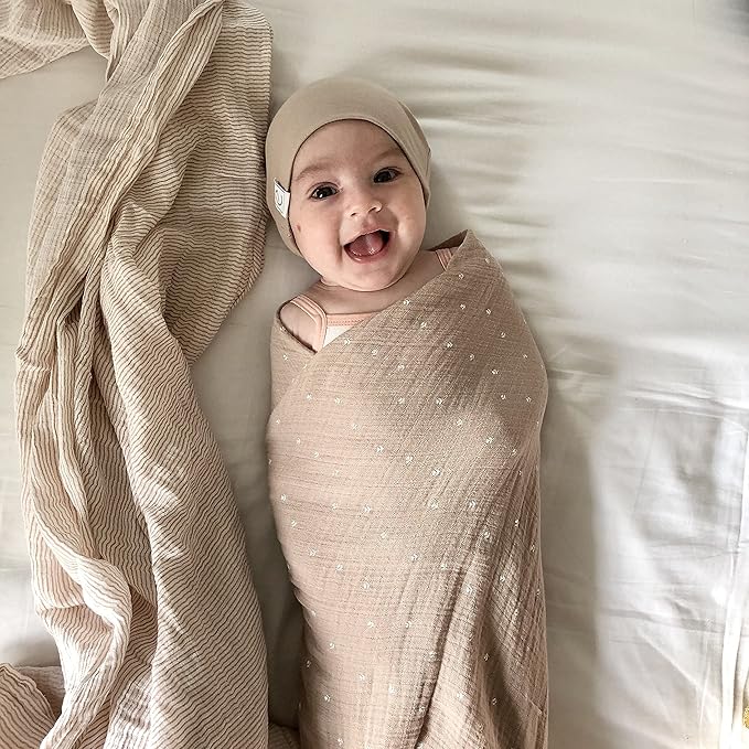 Ely's & Co. Cotton Muslin Swaddle Blanket 2-Pack — 100% Cotton Muslin Extra-Large Swaddle Blankets (47” x 47”) White Tulip on Pink + Stripes