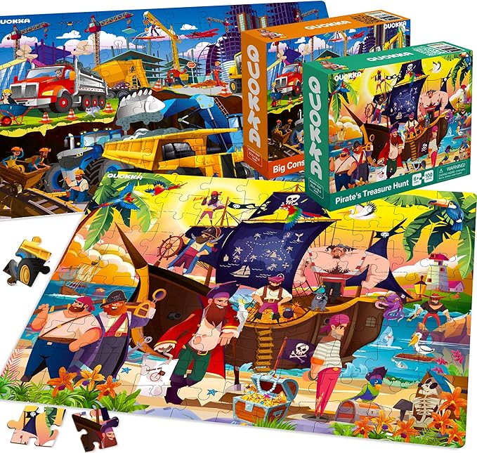 QUOKKA 100 Piece Puzzles for Kids Ages 4-6 – 3 Floor Puzzles for Toddlers 3-5 – Toy for Learning Pirates & Constructions & Animals for 6-8 yo – Jigsaw Toddler Game for Boy and Girl