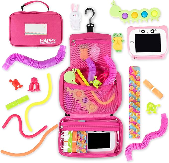 Travel Essentials for Kids – All-in-One Hanging Bag with Toddler Toys, Road Trip Activities for Kids, Sensory Toys & Travel Games for Airplane Trips, Car Rides - Boys & Girls 3+ Years, Toddler Pink