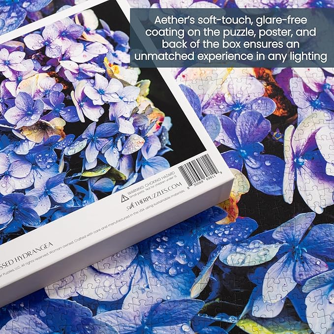 Dew Kissed Hydrangea Puzzle, Premium 1000 Piece Jigsaw Puzzle for Adults, Glare-Free, Soft-Touch Puzzles, Made in USA, 26.6" x 19.25"