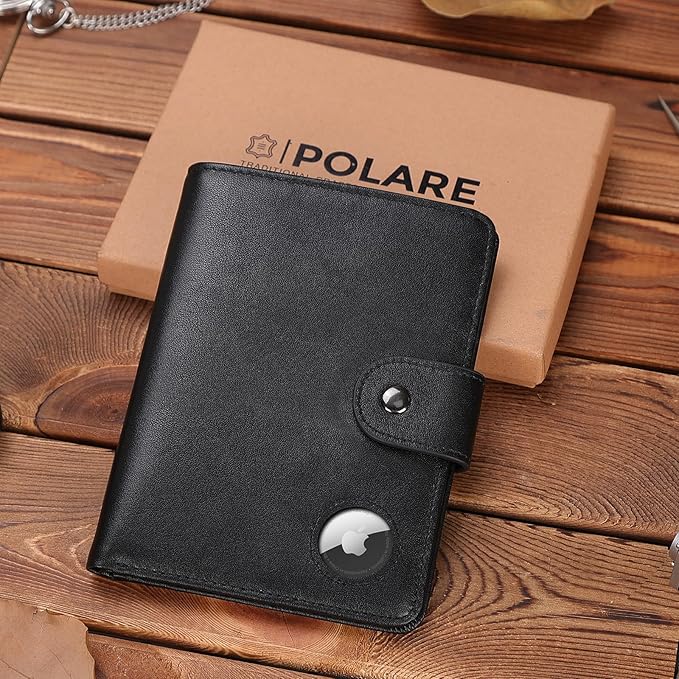 Polare Luxury RFID Blocking Leather Passport Holder Travel Wallet For Men and Women (Black with AirTag Slot(Snap Version))