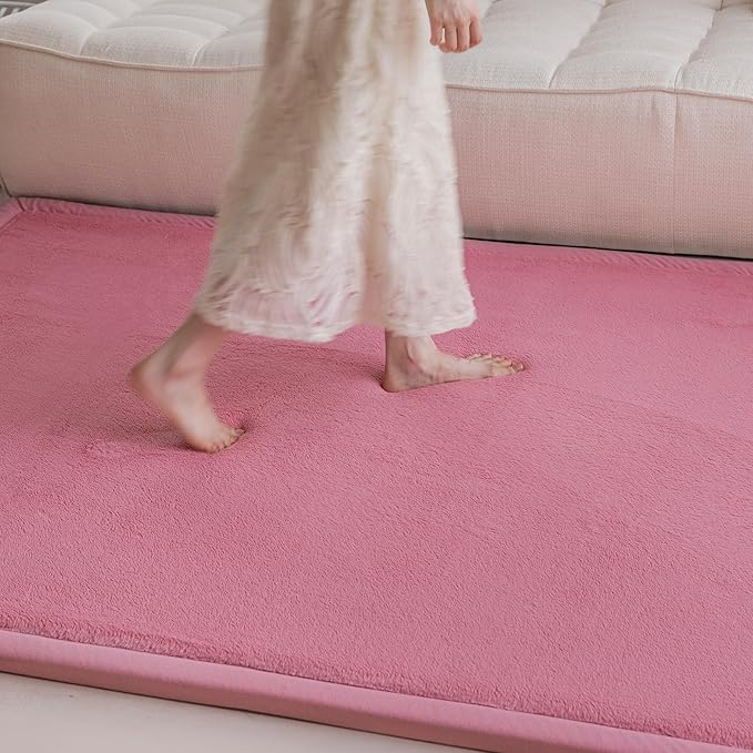 Loartee Faux Rabbit Fur Rug - 1.18" Thick Soft Fluffy Area Rug, Non-Slip Memory Foam Crawling Mat, Light Pink, 78"x110"