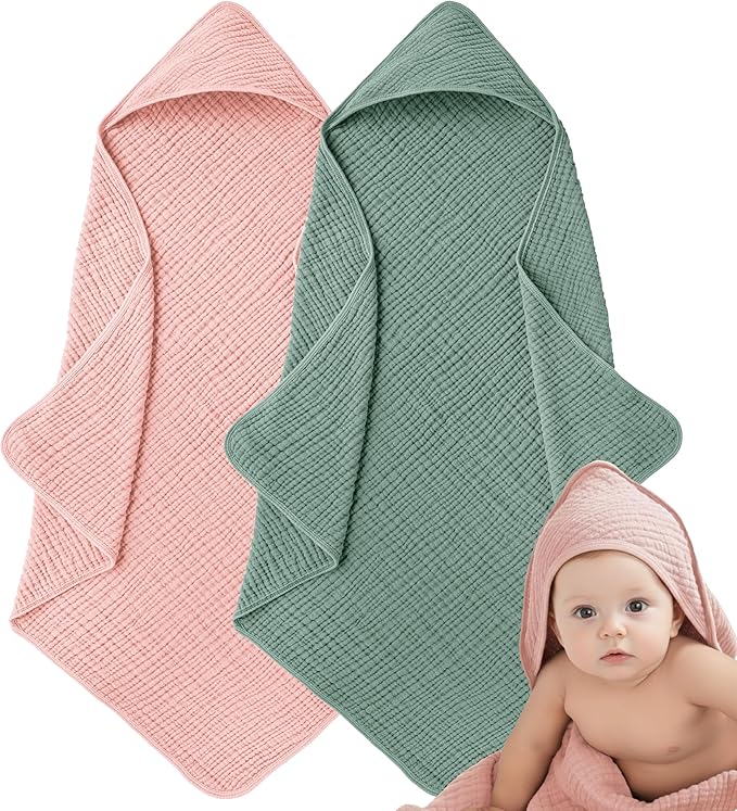 Muslin Hooded Baby Towels for Newborns, 32"x32", 100% Cotton – 6 Layers Super Soft Absorbent Breathable, Baby Bath Towel, Toddler Bath Towel – Pack of 2