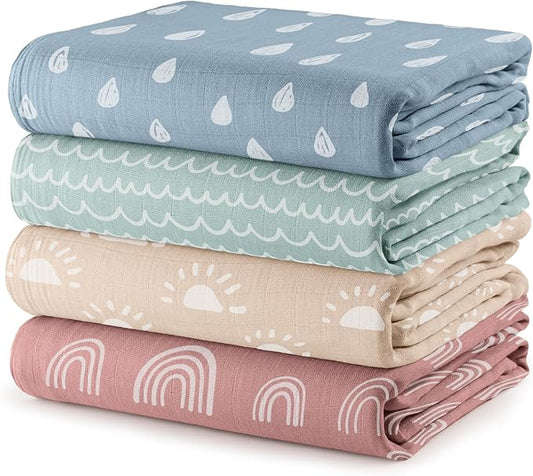 Comfy Cubs Muslin Swaddle Blankets Pack of 4, 47 x 47 Inches, Soft Cotton Baby Blanket Set, Large Multipurpose Swaddling Wraps for Newborns - Self-Soothing Swaddle - Sun, Rainbow, Rain, Doodle