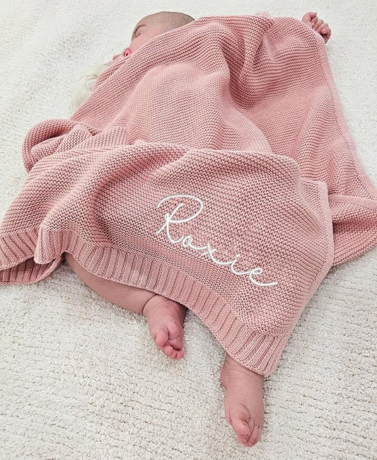 NAZENTI Personalized Embroidered Baby Knit Blanket, Custom Baby Name, Newborn Baby Gifts, Cotton Knit Blanket, Gift for Baby Boy Baby Girl, Knit Baby Blanket with Name Embroidery