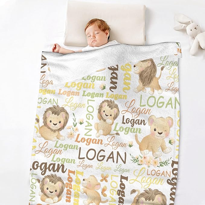 Personalized Baby Blanket for Girls Boys Lion Custom Baby Blanket with Name Swaddle Blanket for Toddlers Infants Kids Shower Newborns Nursery Stroller Crib Decor Throw Birthday Gift