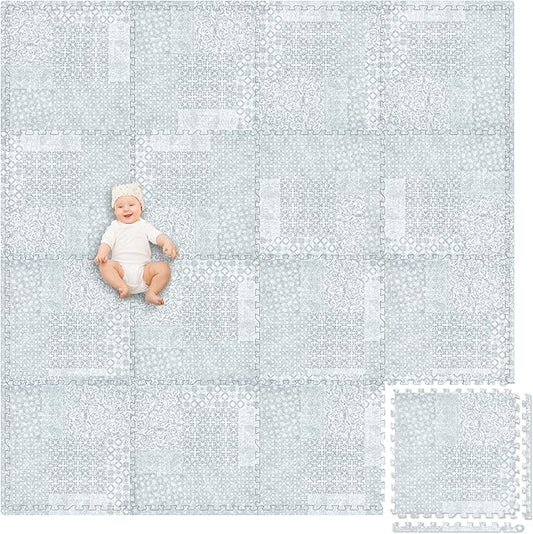 Play Platoon Non-Toxic Extra-Thick Children's Play Mat, 16 Tile - 96 x 96 inch Comfortable Cushiony Foam Floor Puzzle Mat for Kids & Toddlers with 24 x 24 inch Tiles - Grey, Boho Modern