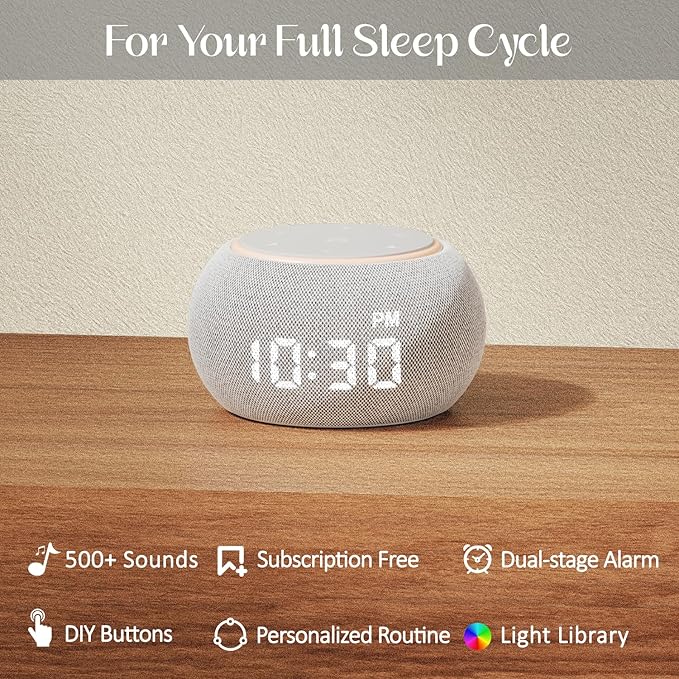 White Noise Sound Machine for Sleep, Dual-Stage Alarm&Snooze, Smart App Control, Custom Buttons, 500+ Non Looping Soothing Sounds, Dimmable Clock, Timer, Night Light, Lullaby, for Baby Adults Kids