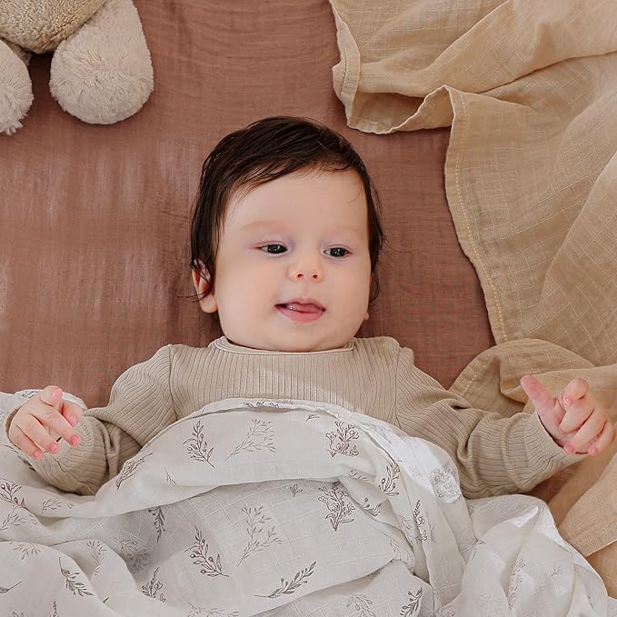 Muslin Swaddle Blankets for Boys and Girls, Soft Cotton Baby Swaddle Blankets for Unisex, 47 X 47 inches Muslin Swaddles, 4 Pack Leaves & Warmth Colors