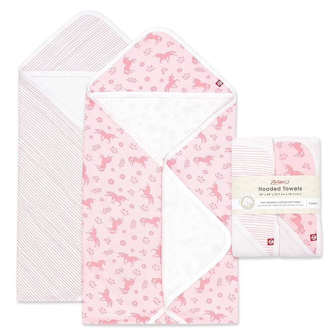 Zutano Hooded Baby Towels, Organic Cotton Baby Bath Towel, Ultra Soft and Absorbent Baby Towel for Newborn and Infant | Girl, Boy, and Unisex Towel Set, Unicorn Meadows, 2-Pack