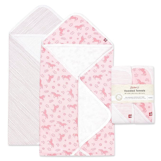 Zutano Hooded Baby Towels, Organic Cotton Baby Bath Towel, Ultra Soft and Absorbent Baby Towel for Newborn and Infant | Girl, Boy, and Unisex Towel Set, Unicorn Meadows, 2-Pack