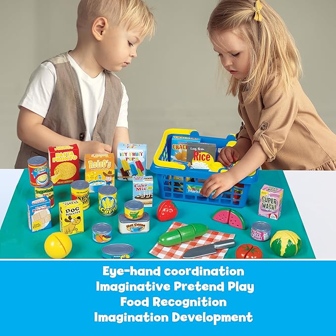 Small World Toys Kids Grocery Basket Play Food Set, Pretend Food Kids Shopping Basket Toddler Playset, 32 Pcs Grocery Food Play Kitchen Accessories, Educational Toddler Toys for Girls & Boys